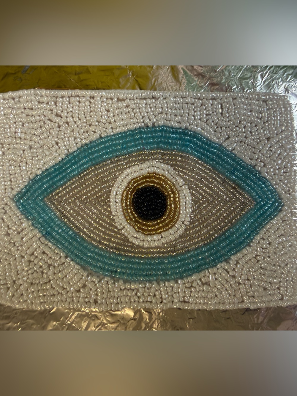 Beaded Teardrop Pouch White, Turquoise, Gold